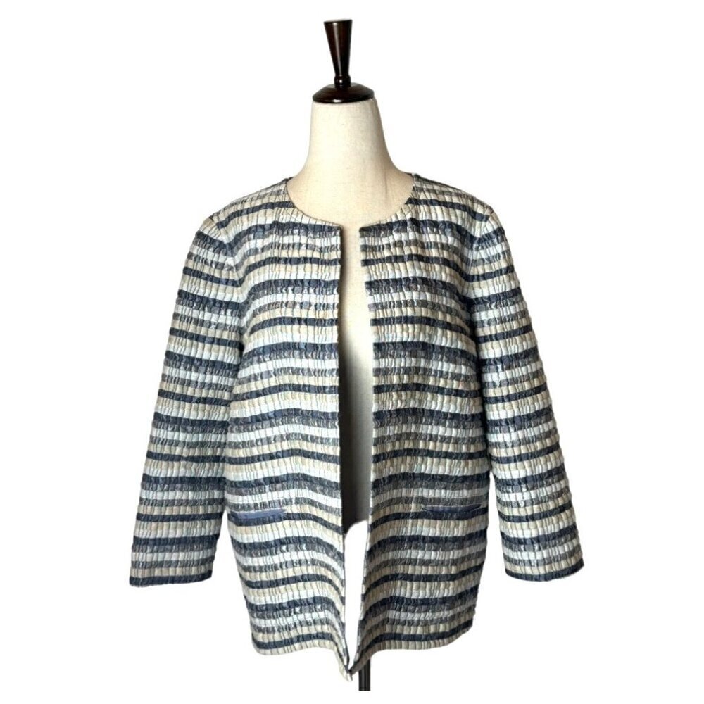 Lafayette 148 Coat Womens 6 Blue And Gray Striped Silk Blend Open Front Jacket